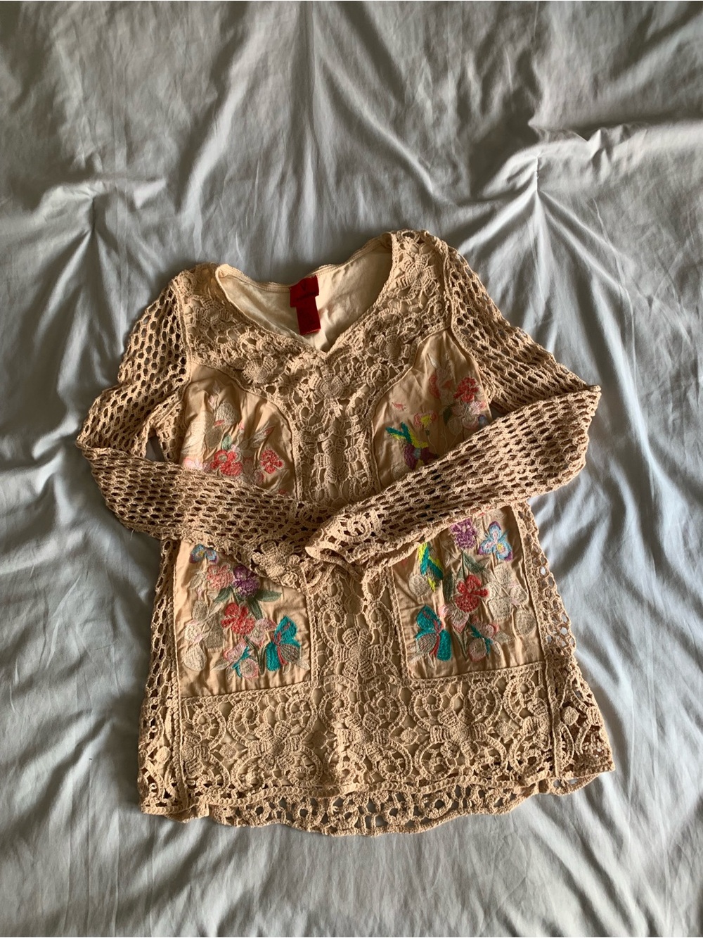 Christina Beige Crochet Tunic with Multicolor Floral Embroidery